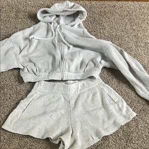 Gray Waffle Knit Hoodie and Shorts Set